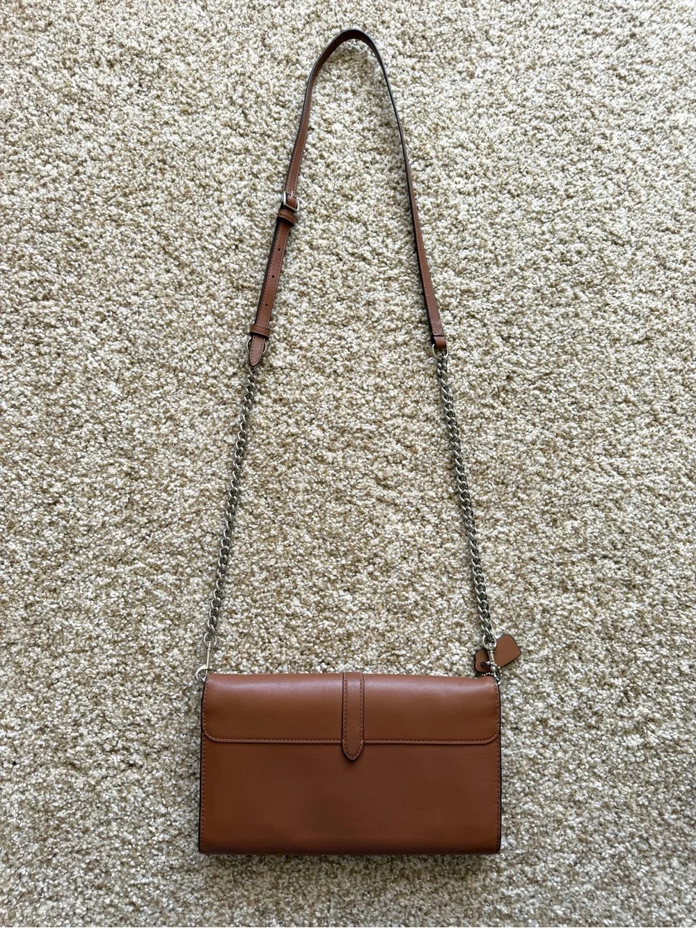 Coach Nomad Crossbody Clutch Wallet in Saddle Brown Leather Silver Chain